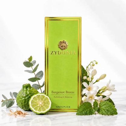 Raumduft Bergamot Breeze mit Zutaten und Verpackung