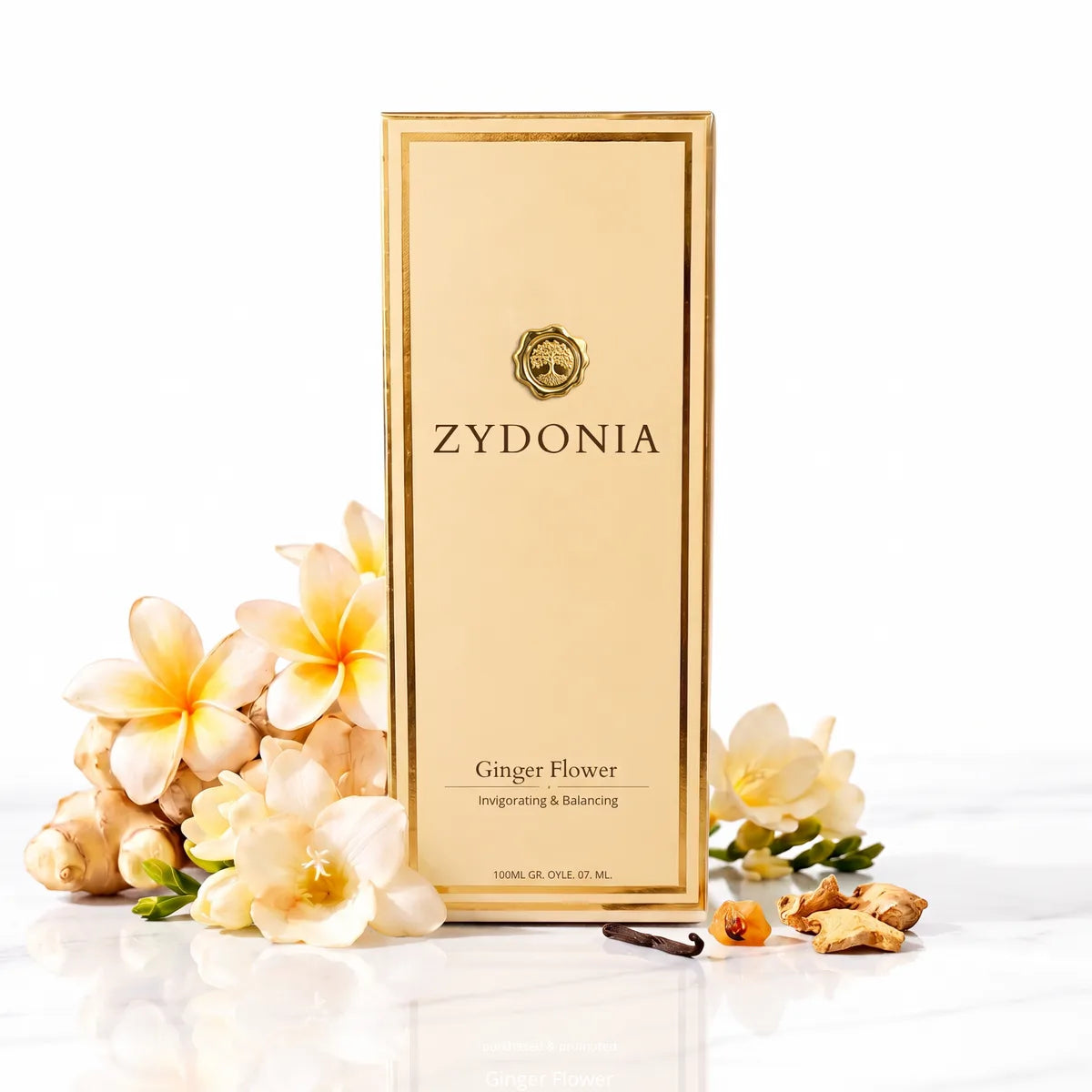 Raumduft Ginger Flower mit Zutaten und Verpackung