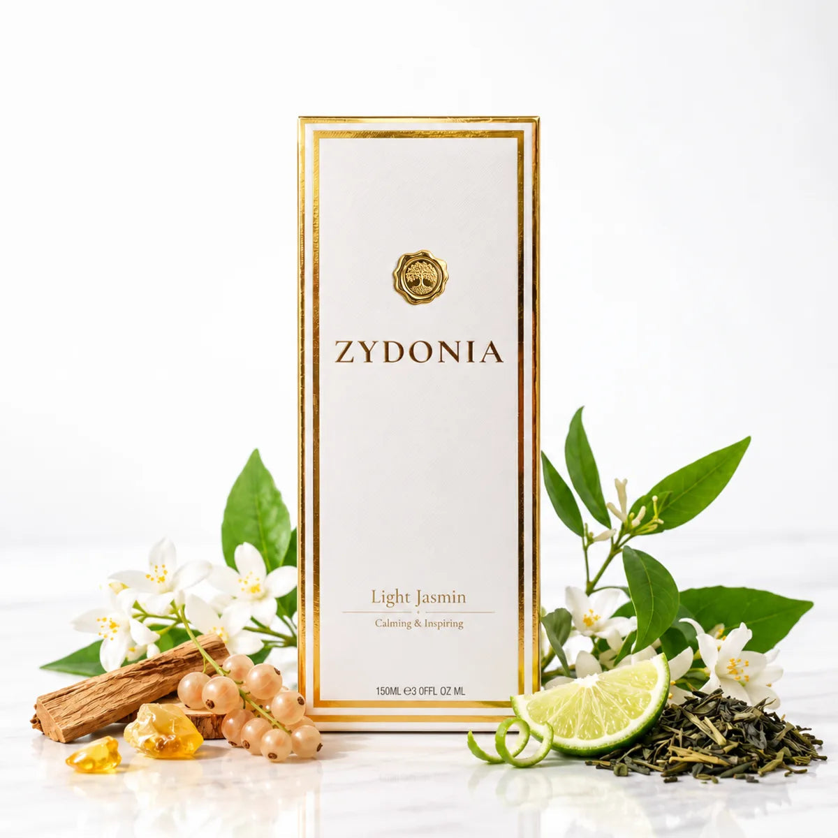 Raumduft Light Jasmin mit Zutaten und Verpackung