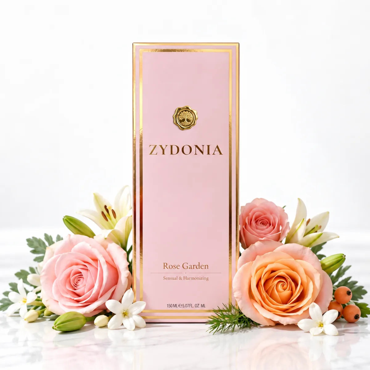 Raumduft Rose Garden mit Zutaten und Verpackung