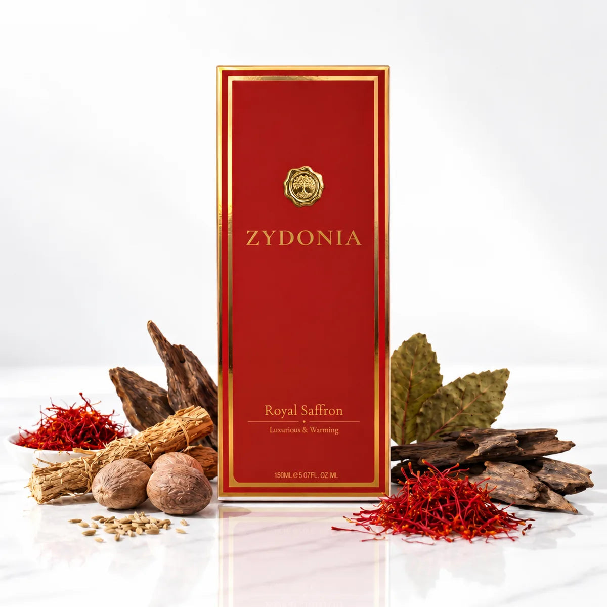 Raumduft Royal Saffron mit Zutaten und Verpackung