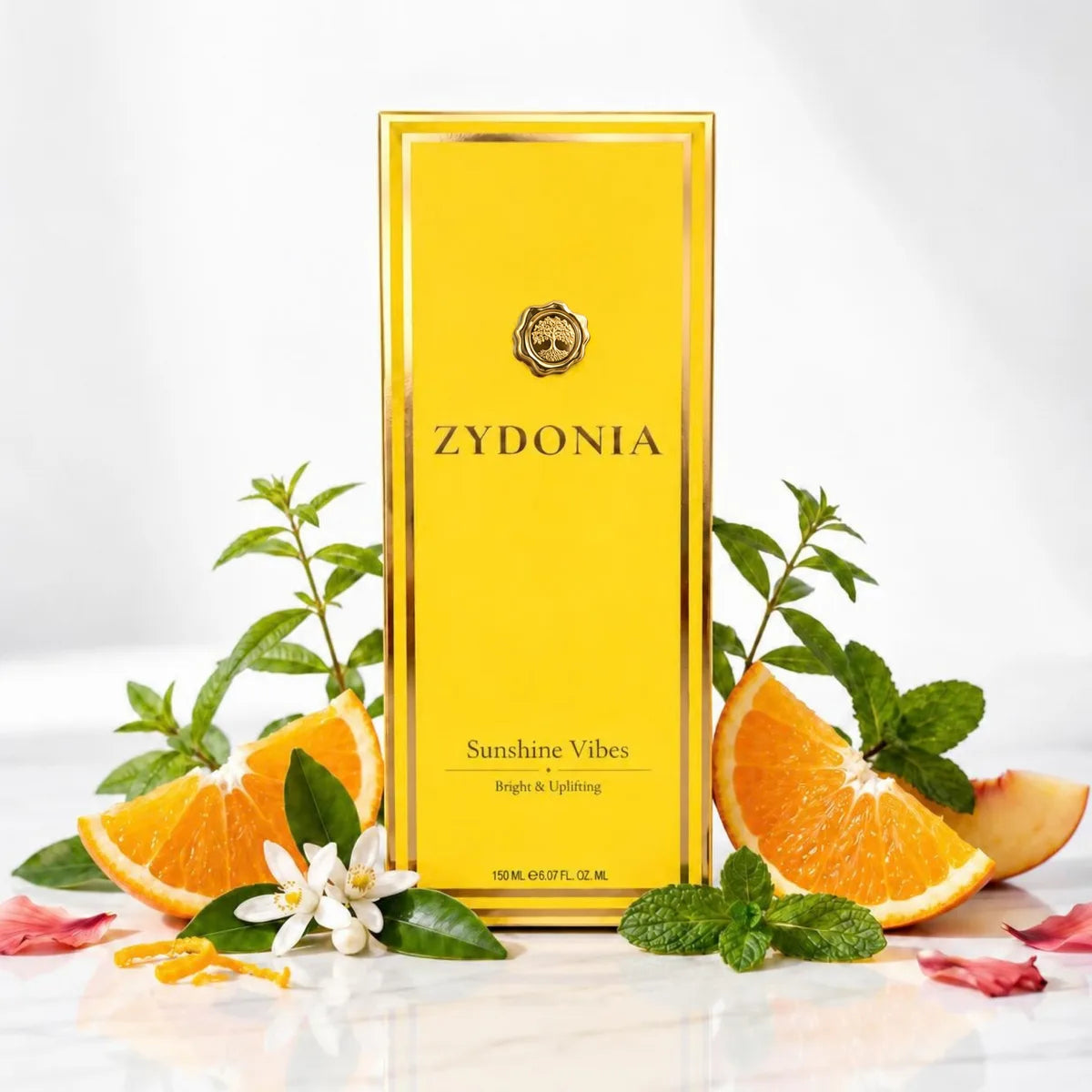 Raumduft Sunshine Vibes mit Zutaten und Verpackung